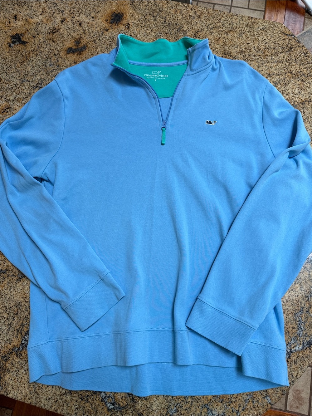 Vineyard Vines Men’s Sky Blue Quarter-Zip with Teal Collar